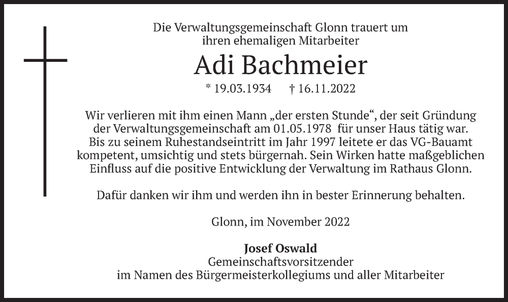  Traueranzeige für Adi Bachmeier vom 23.11.2022 aus merkurtz