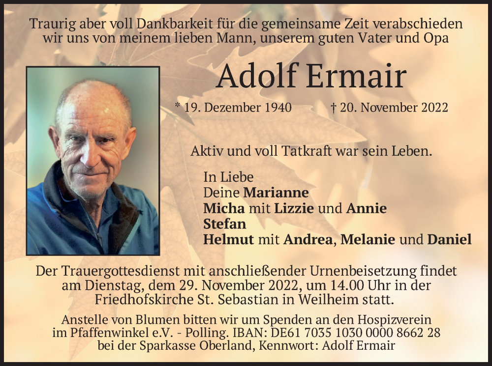  Traueranzeige für Adolf Ermair vom 26.11.2022 aus merkurtz