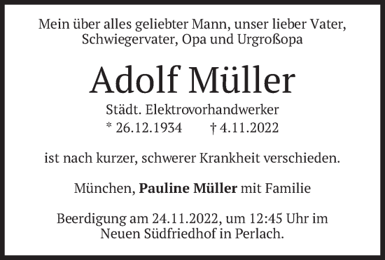 Traueranzeige von Adolf Müller von merkurtz