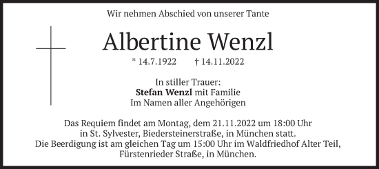Traueranzeige von Albertine Wenzl von merkurtz