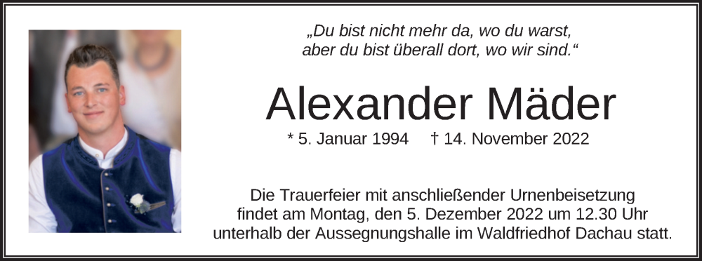  Traueranzeige für Alexander Mäder vom 30.11.2022 aus merkurtz
