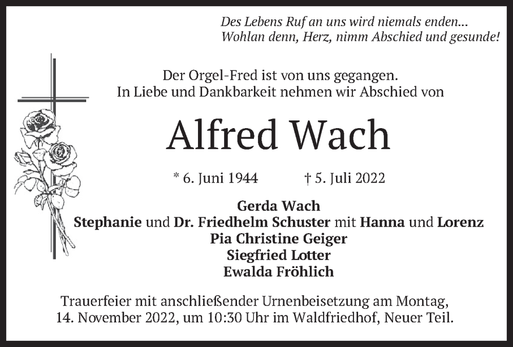  Traueranzeige für Alfred Wach vom 05.11.2022 aus merkurtz