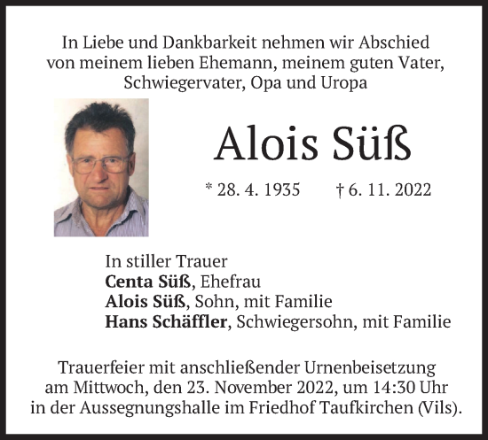 Traueranzeige von Alois Süß von merkurtz