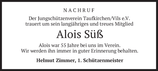 Traueranzeige von Alois Süß von merkurtz