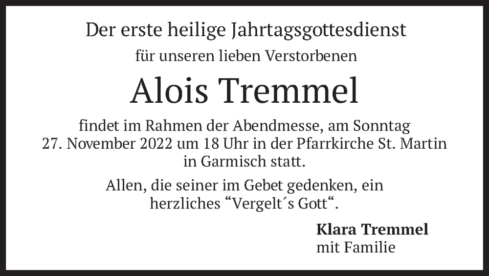  Traueranzeige für Alois Tremmel vom 24.11.2022 aus merkurtz