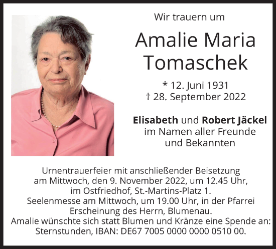 Traueranzeige von Amalie Maria Tomaschek von merkurtz