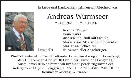 Traueranzeige von Andreas Würmseer von merkurtz