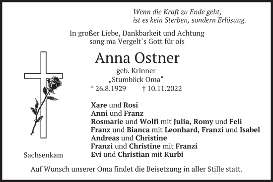 Traueranzeige von Anna Ostner von merkurtz