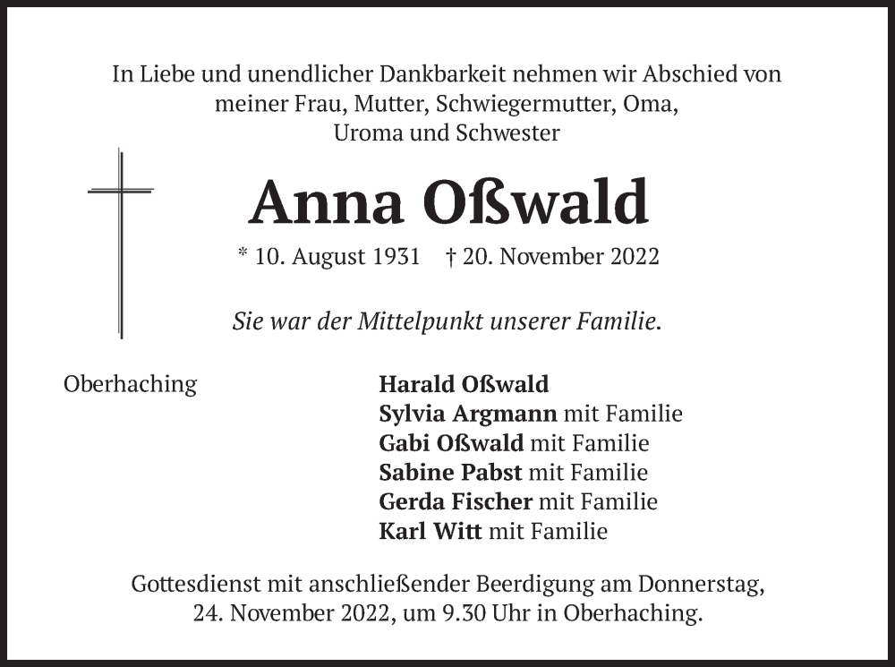  Traueranzeige für Anna Oßwald vom 21.11.2022 aus merkurtz
