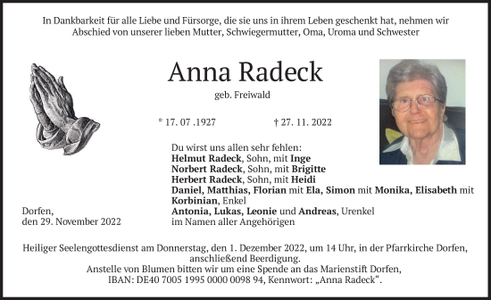 Traueranzeige von Anna Radeck von merkurtz
