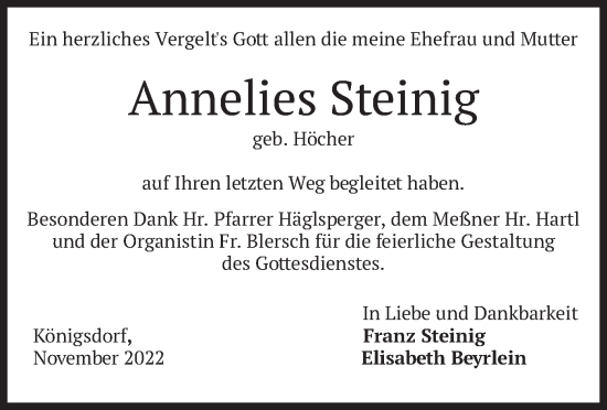 Traueranzeige von Annelies Steinig von merkurtz