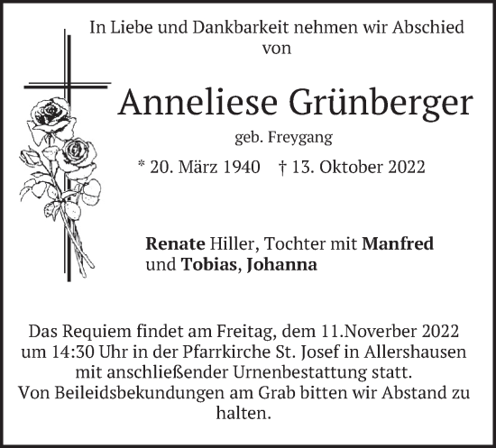 Traueranzeige von Anneliese Grünberger von merkurtz