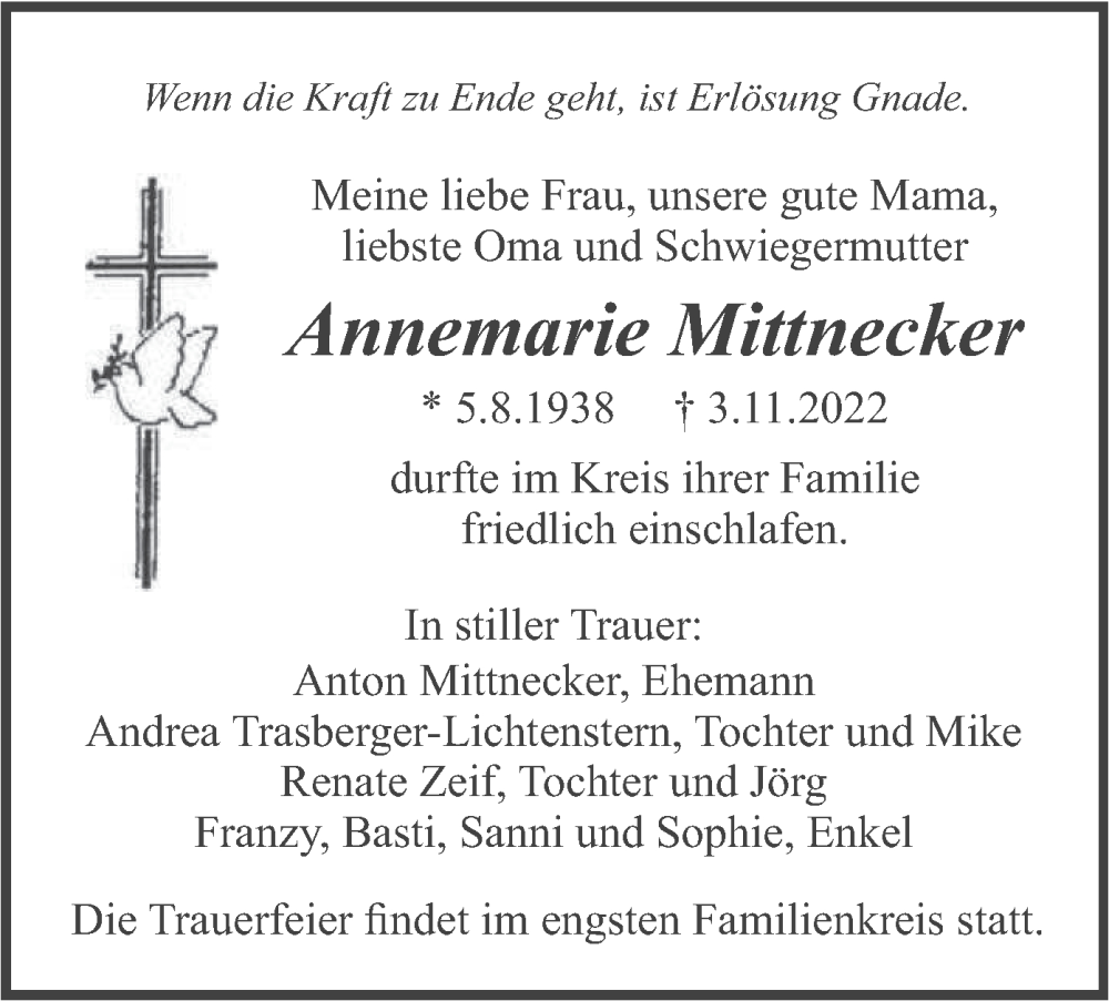  Traueranzeige für Annemarie Mittnecker vom 12.11.2022 aus merkurtz
