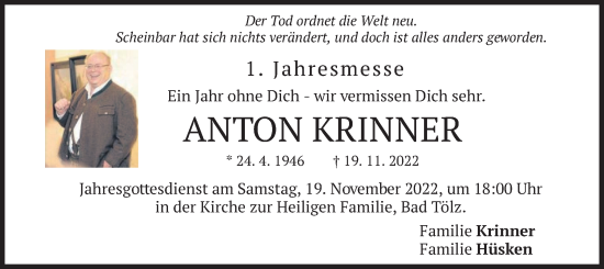 Traueranzeige von Anton Krinner von merkurtz