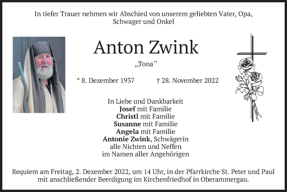  Traueranzeige für Anton Zwink vom 30.11.2022 aus merkurtz
