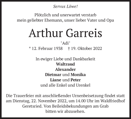 Traueranzeige von Arthur Garreis von merkurtz