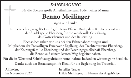 Traueranzeige von Benno Meilinger