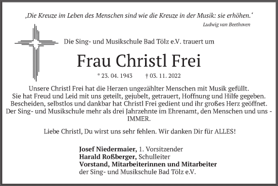 Traueranzeige von Christl Frei von merkurtz