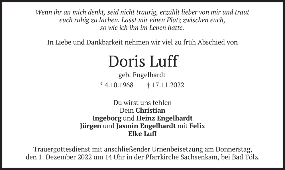  Traueranzeige für Doris Luff vom 28.11.2022 aus merkurtz