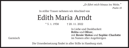 Traueranzeige von Edith Maria Arndt von merkurtz