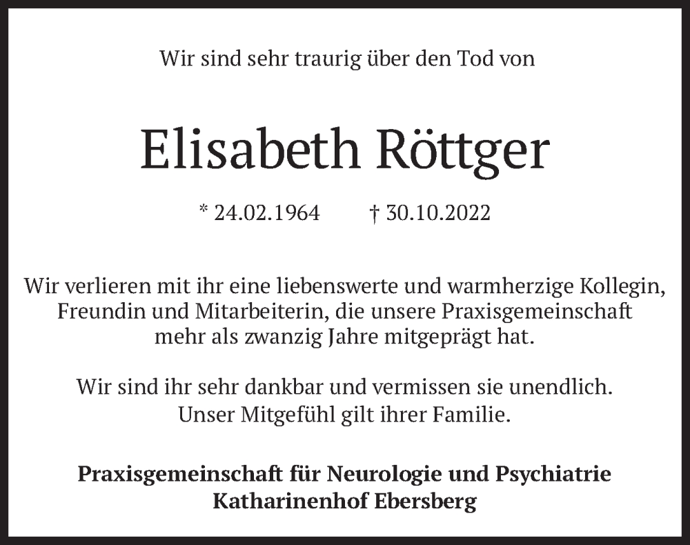  Traueranzeige für Elisabeth Röttger vom 12.11.2022 aus merkurtz