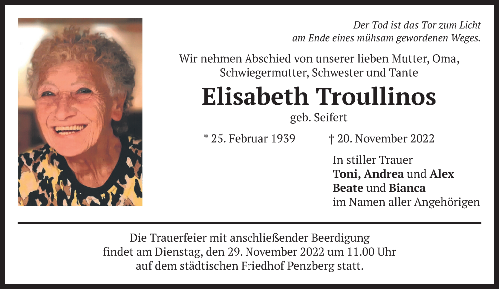  Traueranzeige für Elisabeth Troullinos vom 26.11.2022 aus Das Gelbe Blatt Penzberg