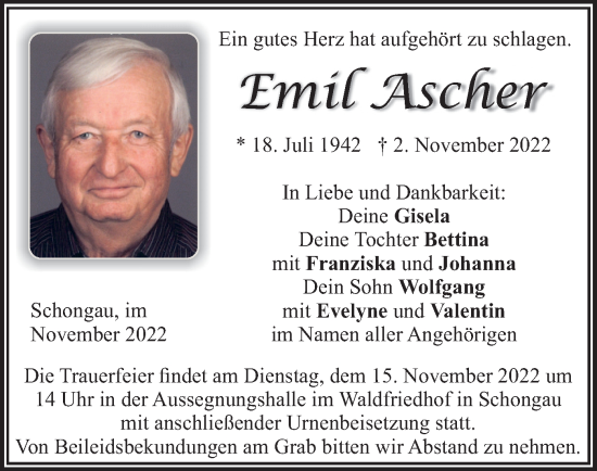 Traueranzeige von Emil Ascher von merkurtz