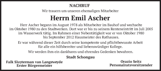 Traueranzeige von Emil Ascher von merkurtz