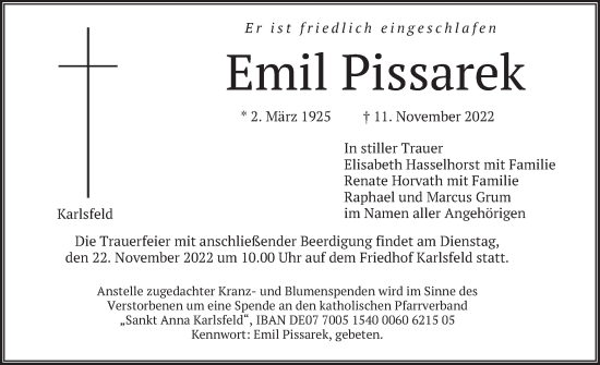 Traueranzeige von Emil Pissarek von merkurtz