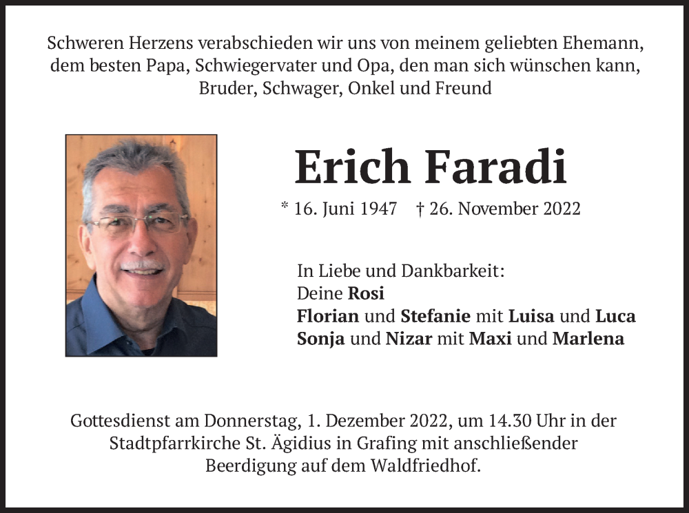  Traueranzeige für Erich Faradi vom 29.11.2022 aus merkurtz