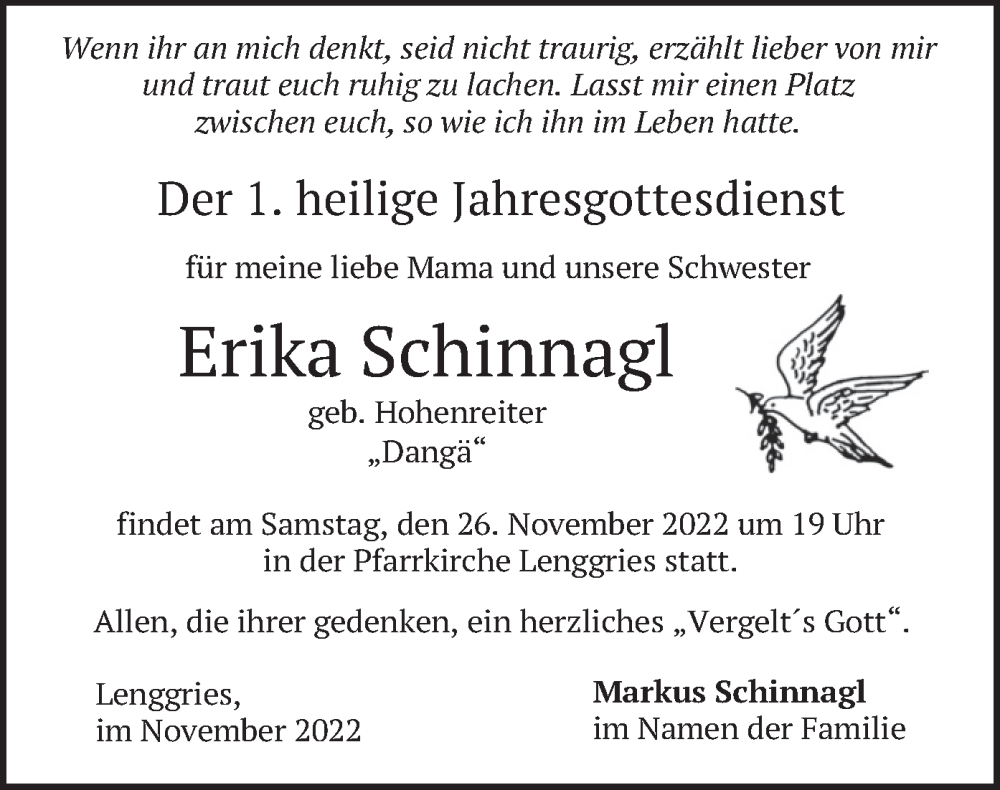  Traueranzeige für Erika Schinnagl vom 24.11.2022 aus merkurtz