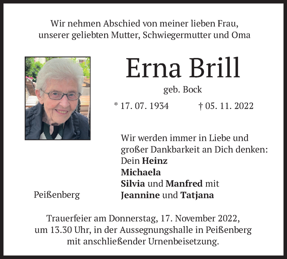  Traueranzeige für Erna Brill vom 14.11.2022 aus merkurtz