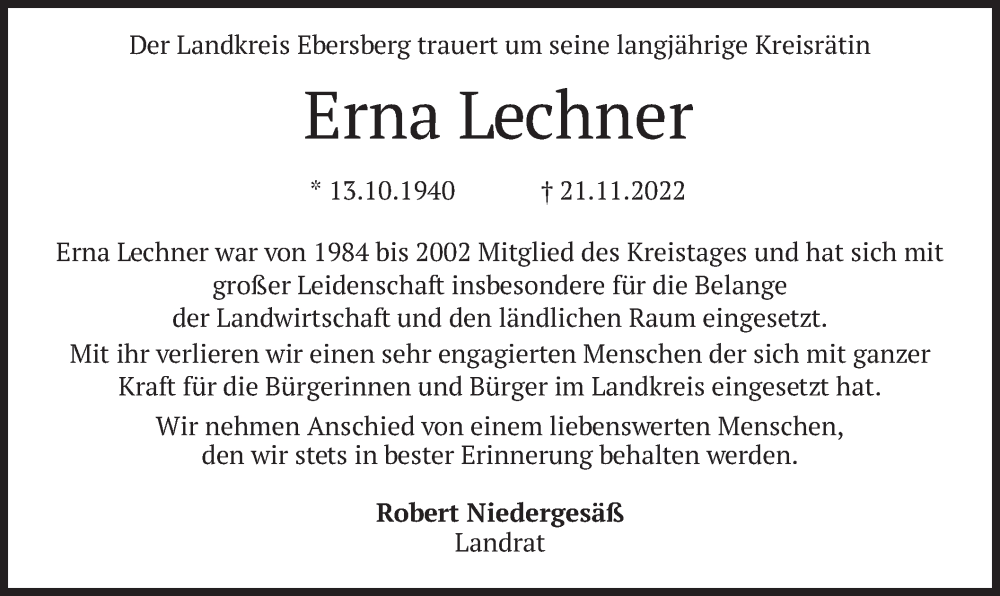  Traueranzeige für Erna Lechner vom 25.11.2022 aus merkurtz