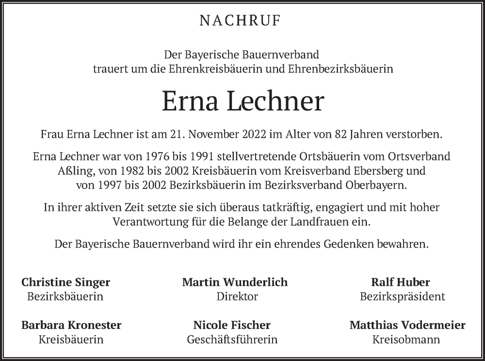  Traueranzeige für Erna Lechner vom 26.11.2022 aus merkurtz