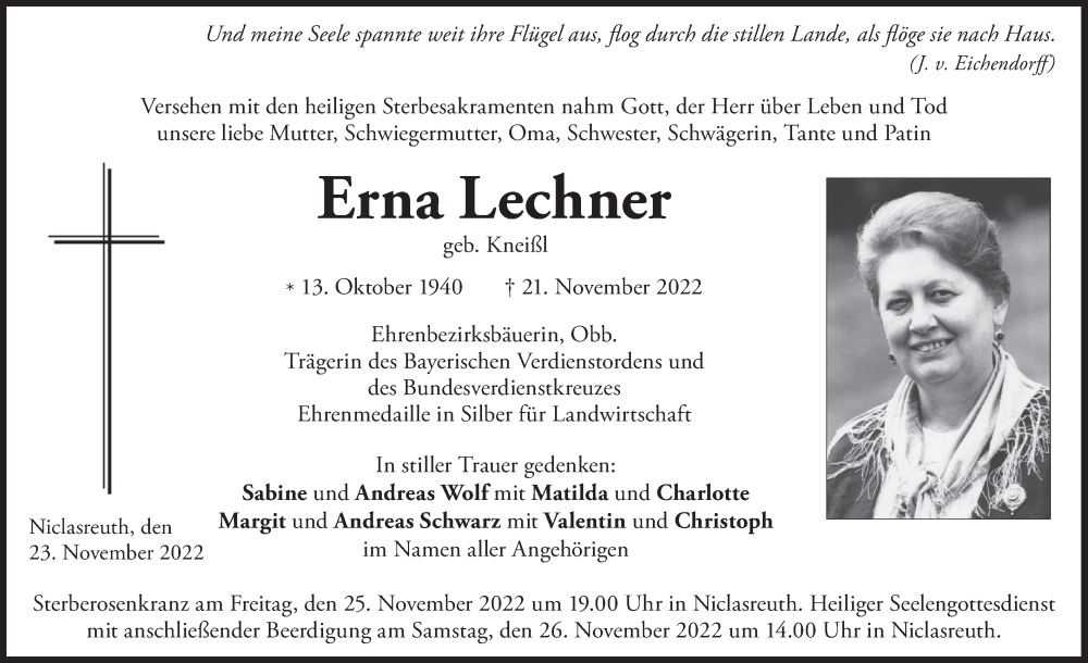  Traueranzeige für Erna Lechner vom 23.11.2022 aus merkurtz