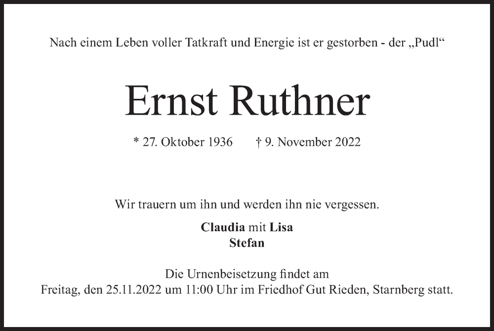  Traueranzeige für Ernst Ruthner vom 19.11.2022 aus merkurtz