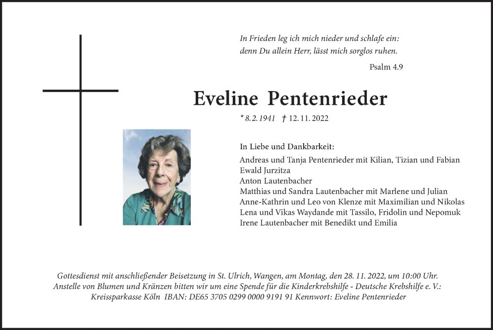  Traueranzeige für Eveline Pentenrieder vom 19.11.2022 aus merkurtz