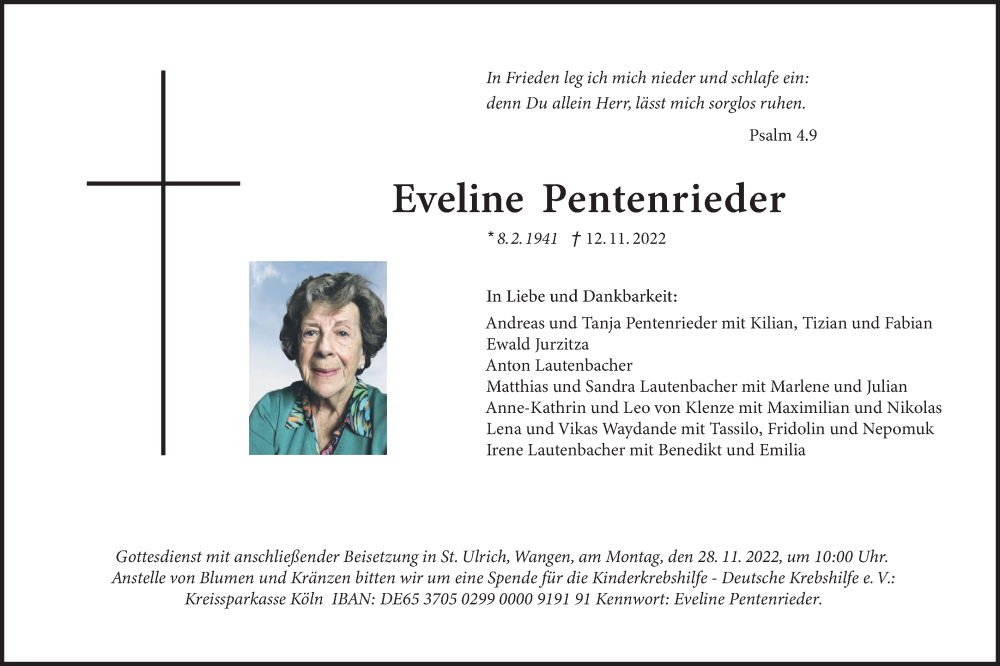  Traueranzeige für Eveline Pentenrieder vom 22.11.2022 aus merkurtz