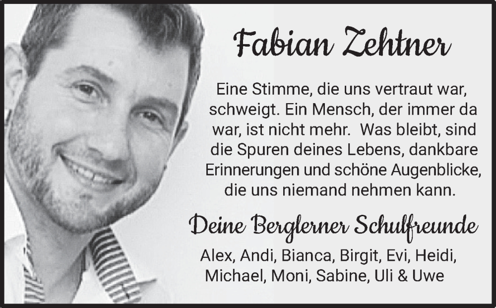  Traueranzeige für Fabian Zehtner vom 26.11.2022 aus merkurtz