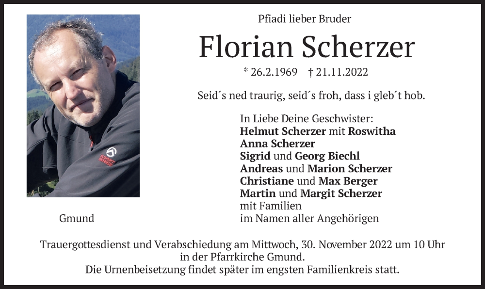  Traueranzeige für Florian Scherzer vom 26.11.2022 aus merkurtz