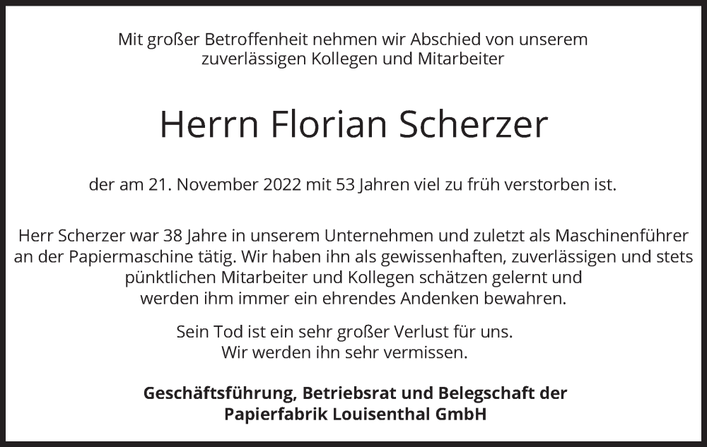  Traueranzeige für Florian Scherzer vom 30.11.2022 aus merkurtz
