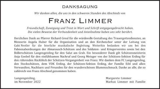 Traueranzeige von Franz Limmer von merkurtz