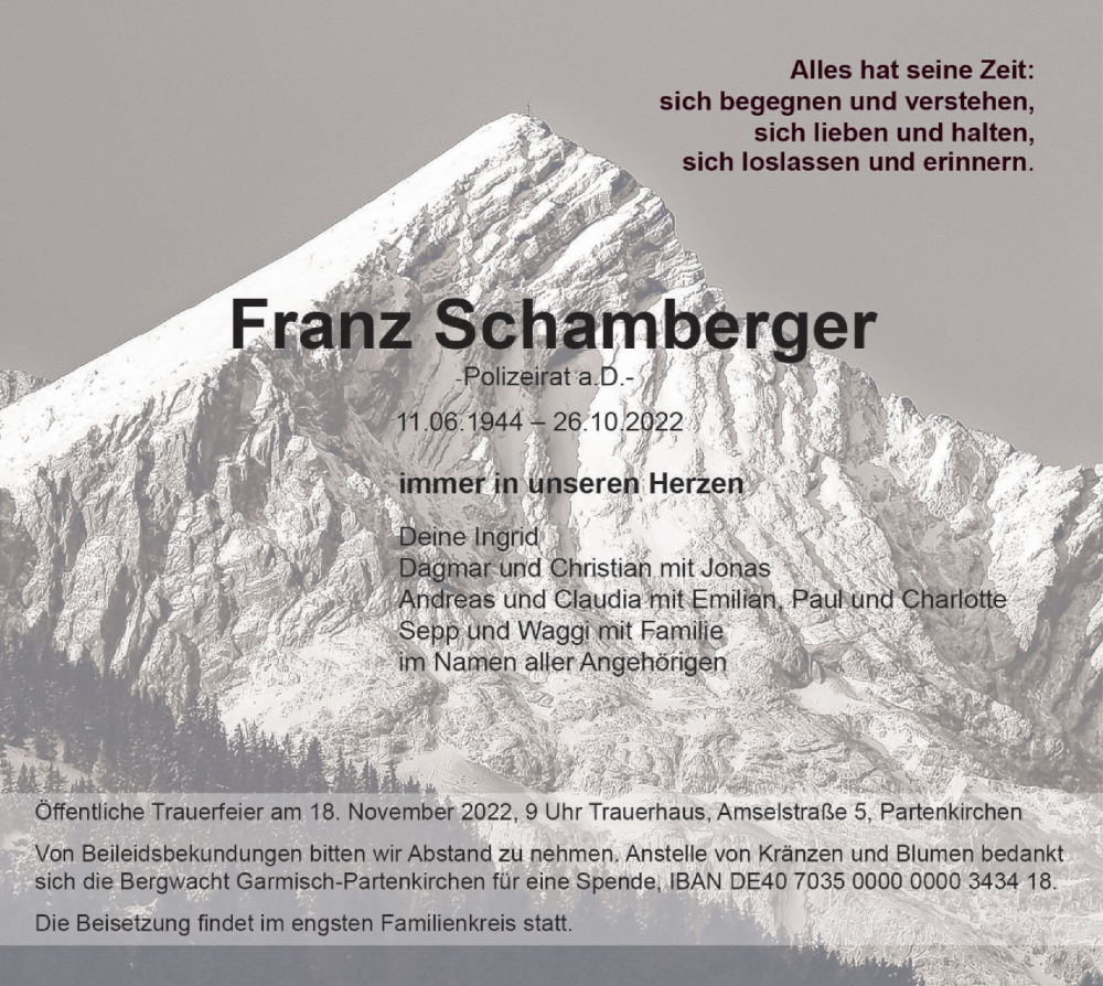  Traueranzeige für Franz Schamberger vom 12.11.2022 aus merkurtz