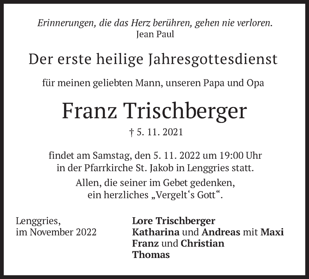 Traueranzeige für Franz Trischberger vom 04.11.2022 aus merkurtz