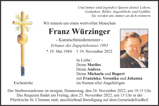 Traueranzeige von Franz Würzinger von merkurtz