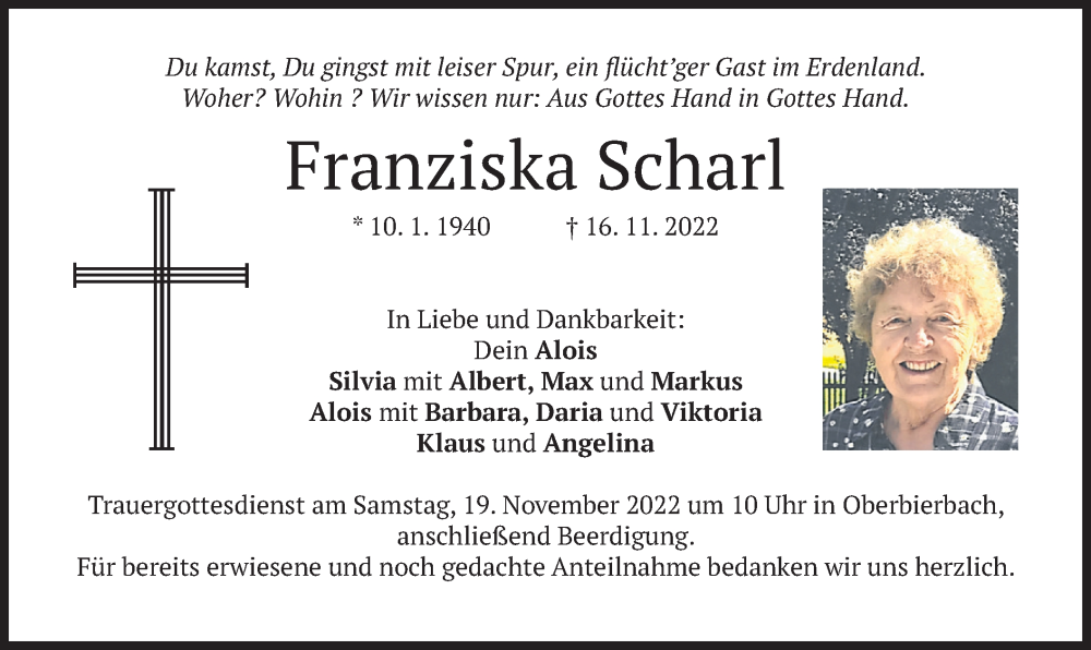  Traueranzeige für Franziska Scharl vom 17.11.2022 aus merkurtz