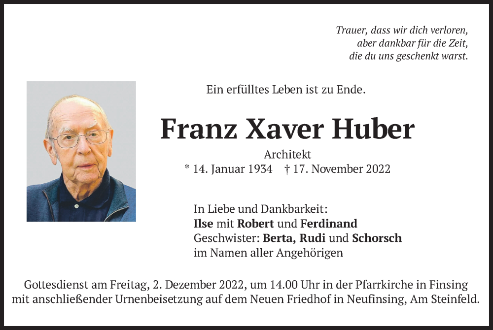  Traueranzeige für Franz Xaver Huber vom 26.11.2022 aus merkurtz