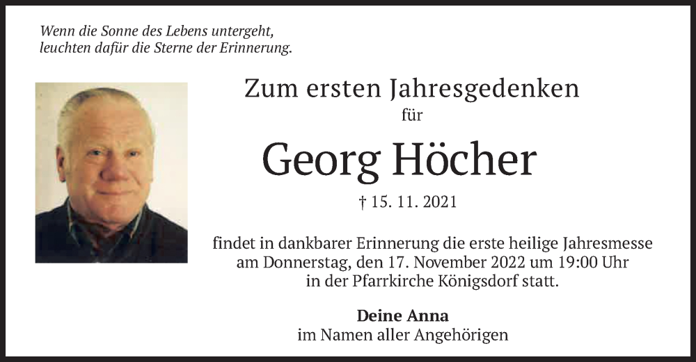  Traueranzeige für Georg Höcher vom 12.11.2022 aus merkurtz