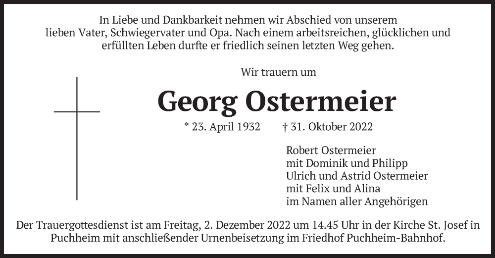  Traueranzeige für Georg Ostermeier vom 26.11.2022 aus merkurtz