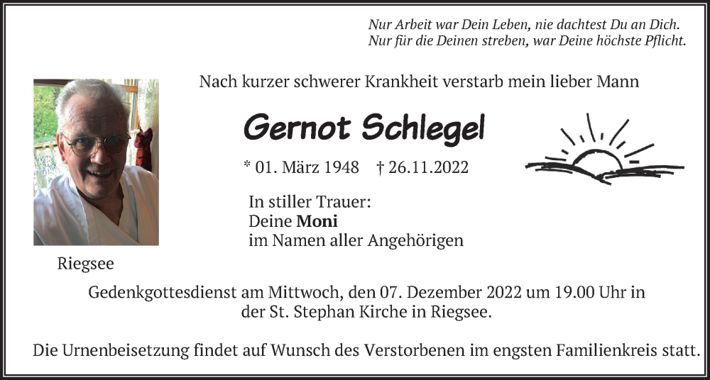  Traueranzeige für Gernot Schlegel vom 29.11.2022 aus merkurtz